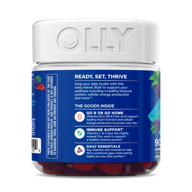Back of the OLLY Men's Multi jar showing 'Ready, Set, Thrive' and 'The Goods Inside' benefit panels